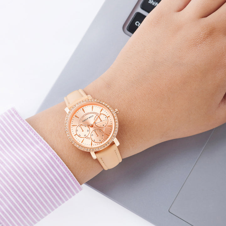 Giselle Beige Medium Rhinestone Dial PU Strap Women's Watch