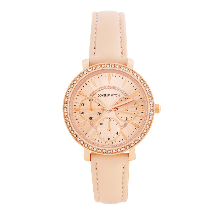 Giselle Beige Medium Rhinestone Dial PU Strap Women's Watch