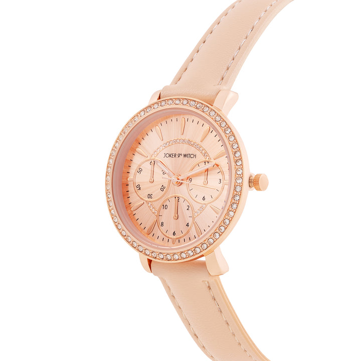 Giselle Beige Medium Rhinestone Dial PU Strap Women's Watch