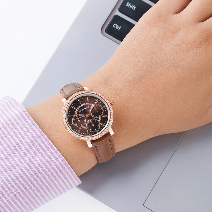 Giselle Brown Medium Rhinestone Dial PU Strap Women's Watch