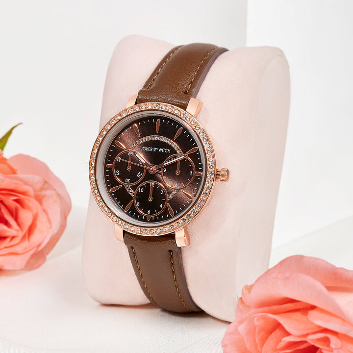Giselle Brown Medium Rhinestone Dial PU Strap Women's Watch