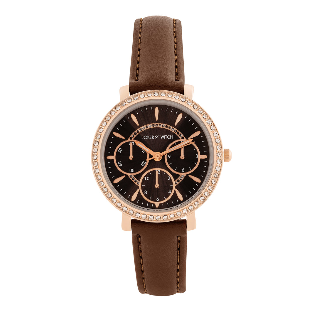 Giselle Brown Medium Rhinestone Dial PU Strap Women's Watch
