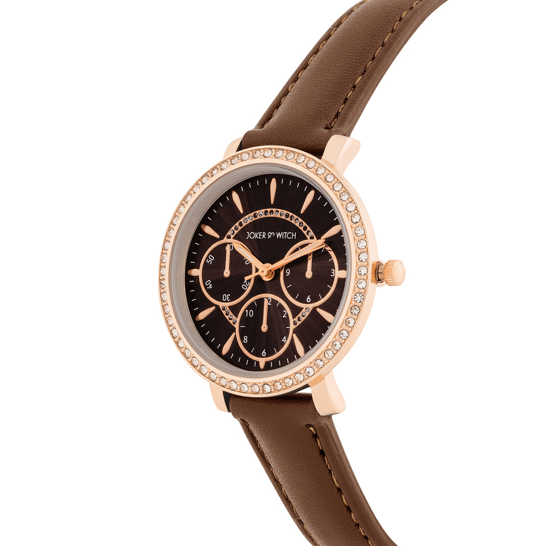 Giselle Brown Medium Rhinestone Dial PU Strap Women's Watch