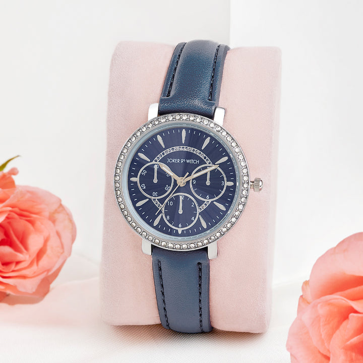 Giselle Blue Medium Rhinestone Dial PU Strap Women's Watch