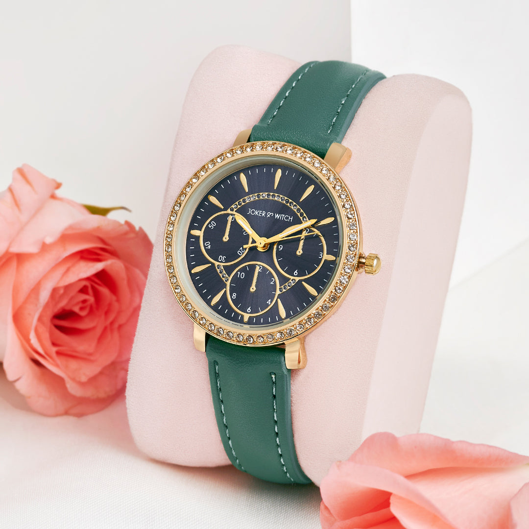 Giselle Green Medium Rhinestone Dial PU Strap Women's Watch