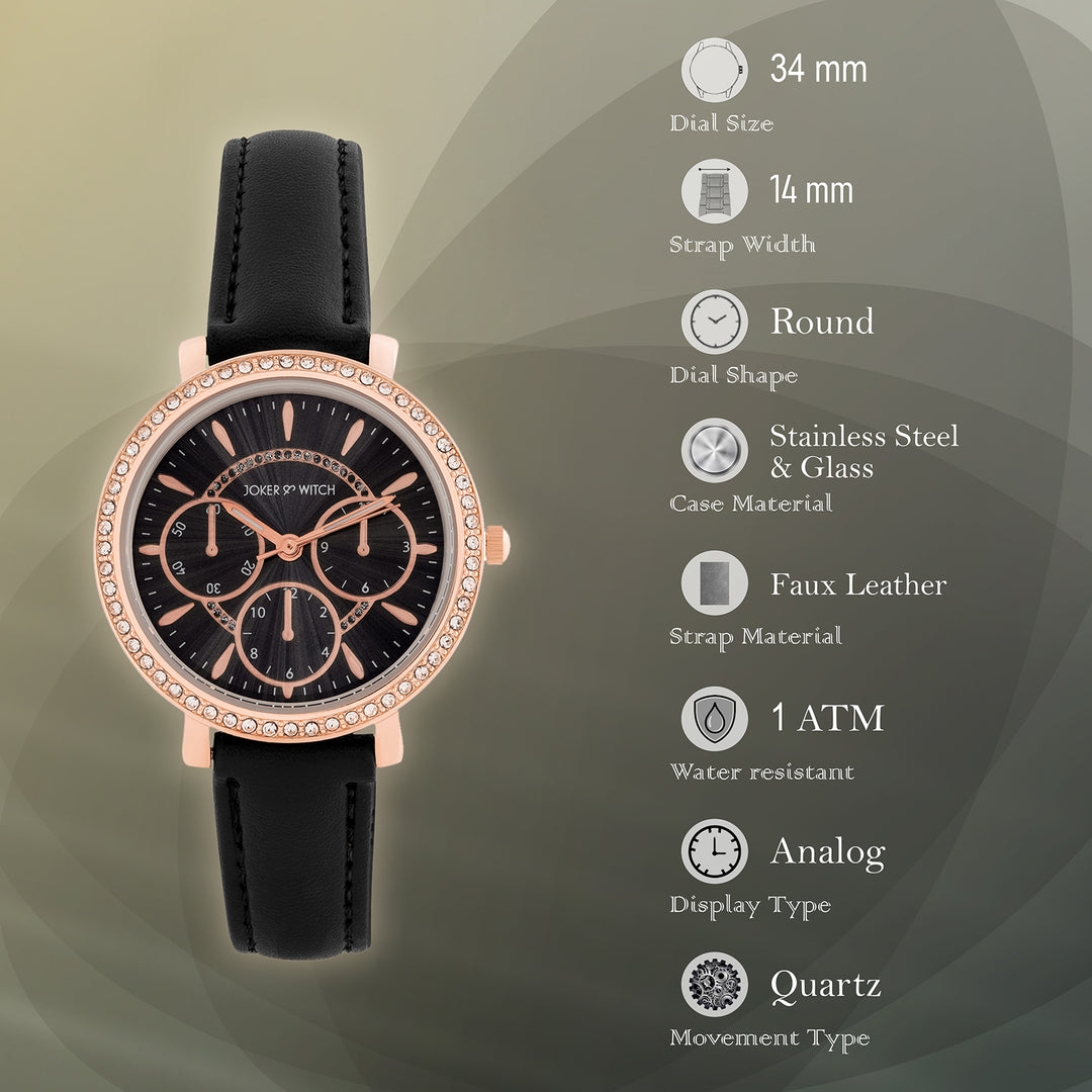 Giselle Black Medium Rhinestone Dial PU Strap Women's Watch