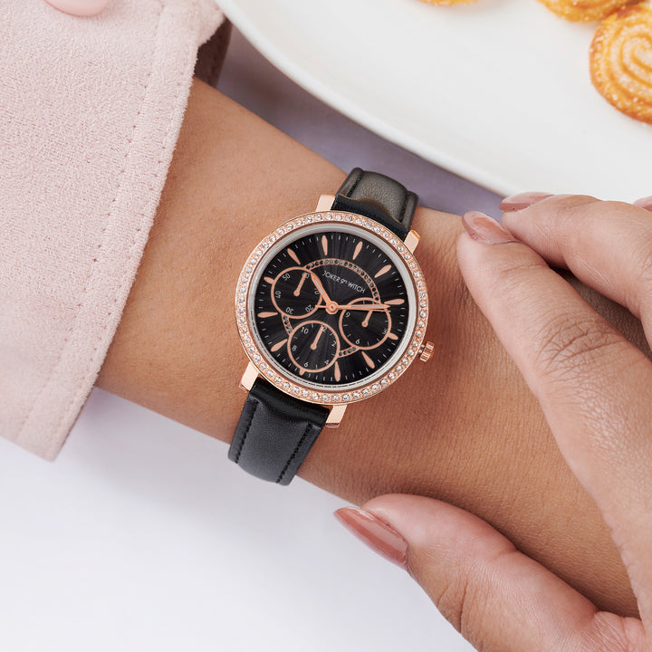 Giselle Black Medium Rhinestone Dial PU Strap Women's Watch