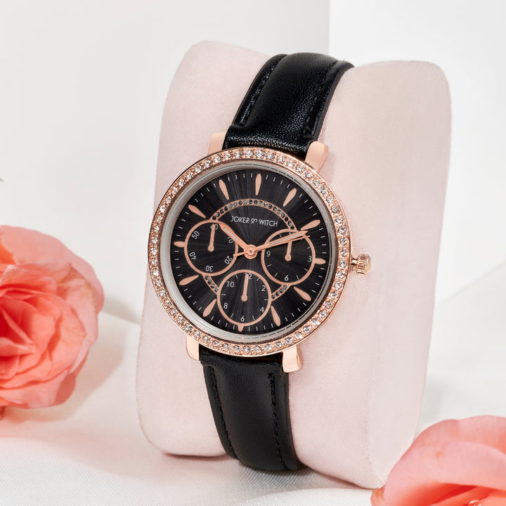 Giselle Black Medium Rhinestone Dial PU Strap Women's Watch