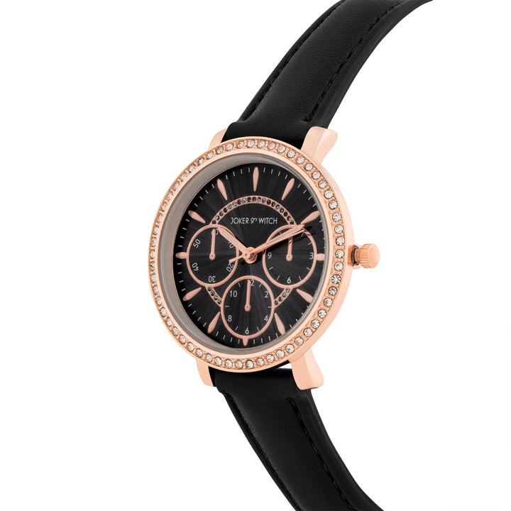 Giselle Black Medium Rhinestone Dial PU Strap Women's Watch