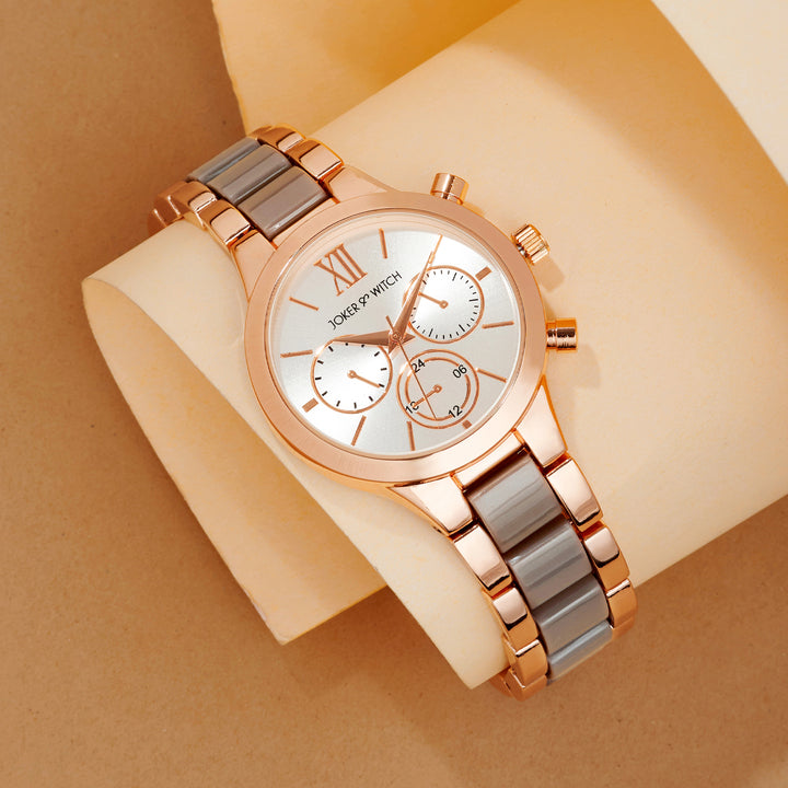 Clara Silver Large Dial Dual Tone Linked Chain Strap Women's Watch