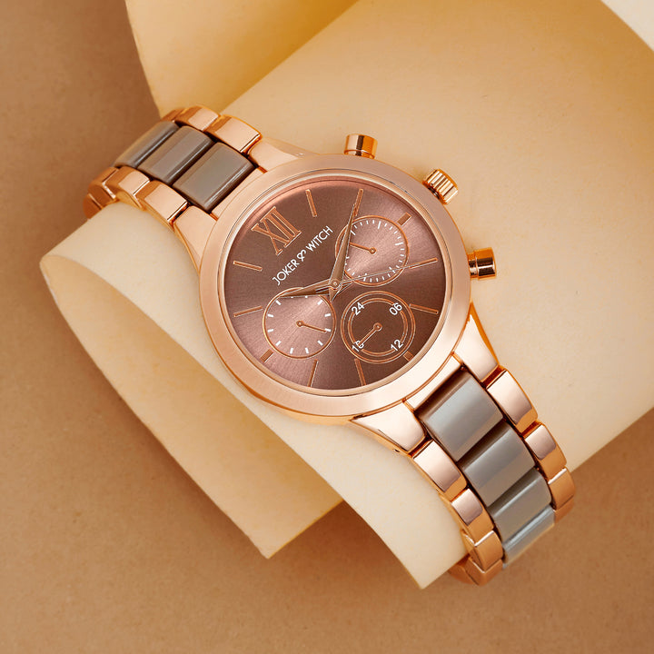 Clara Taupe Large Dial Dual Tone Linked Chain Strap Women's Watch