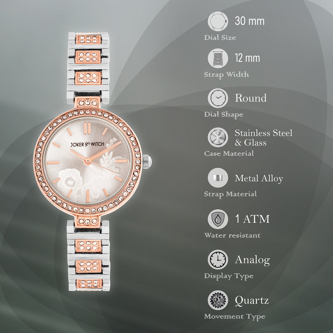 Astrielle Silver Small Rhinestone Dial Dual Tone Linked Chain Strap Women's Watch