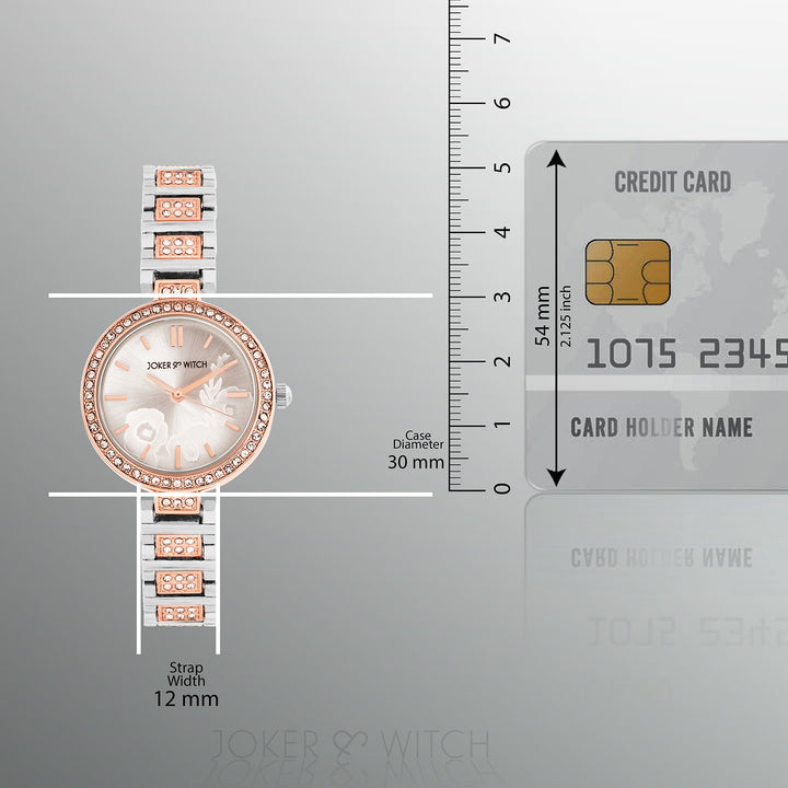 Astrielle Silver Small Rhinestone Dial Dual Tone Linked Chain Strap Women's Watch