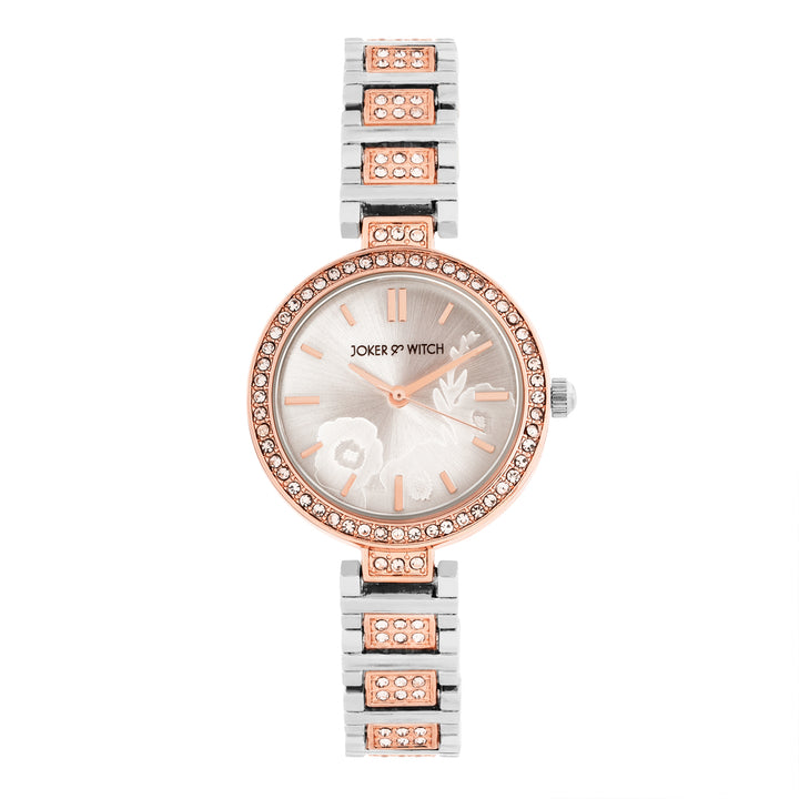 Astrielle Silver Small Rhinestone Dial Dual Tone Linked Chain Strap Women's Watch
