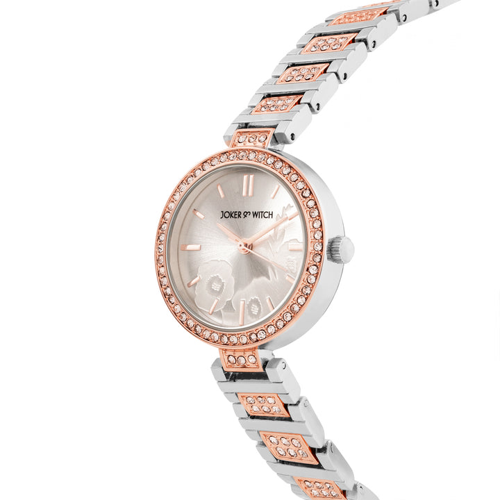 Astrielle Silver Small Rhinestone Dial Dual Tone Linked Chain Strap Women's Watch