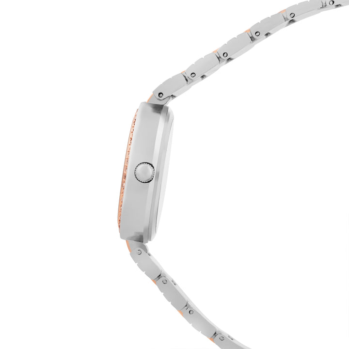 Astrielle Silver Small Rhinestone Dial Dual Tone Linked Chain Strap Women's Watch