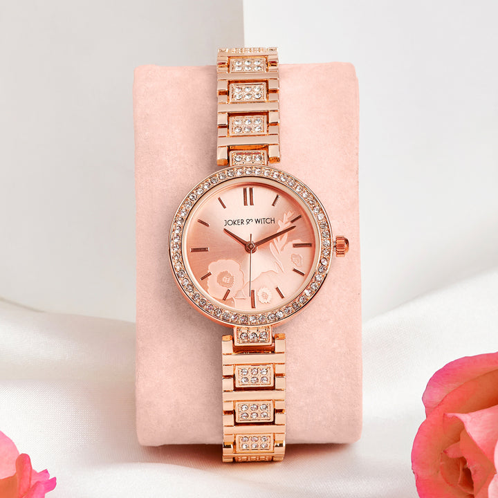 Astrielle Rose Gold Small Rhinestone Dial Linked Chain Strap Women's Watch