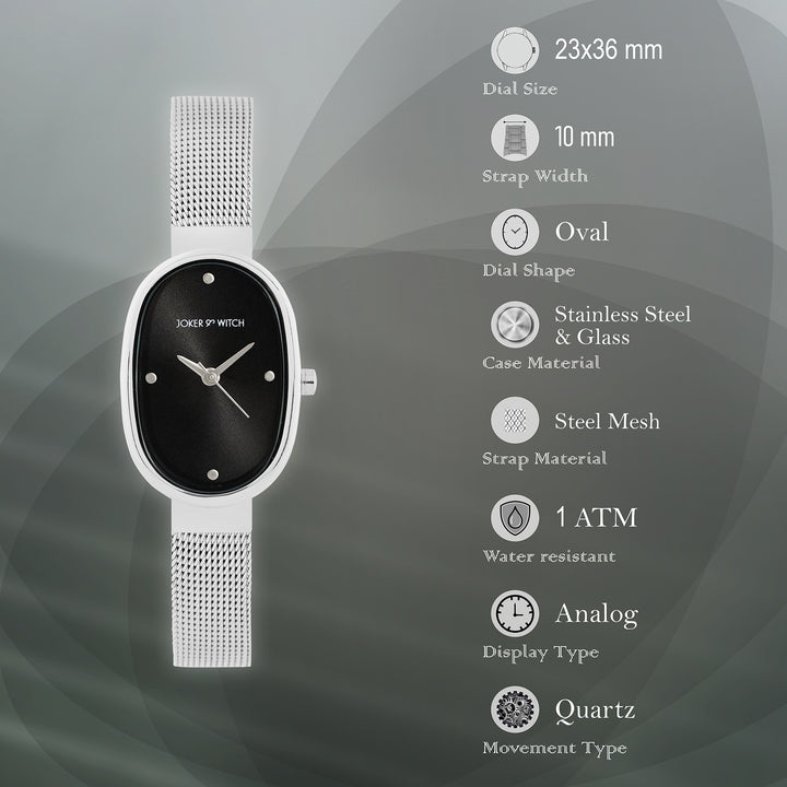 Enola Black Small Oval Dial Silver Mesh Strap Women's Watch