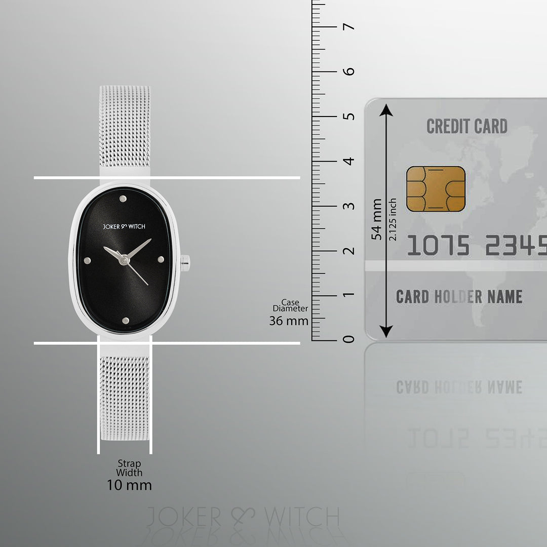 Enola Black Small Oval Dial Silver Mesh Strap Women's Watch