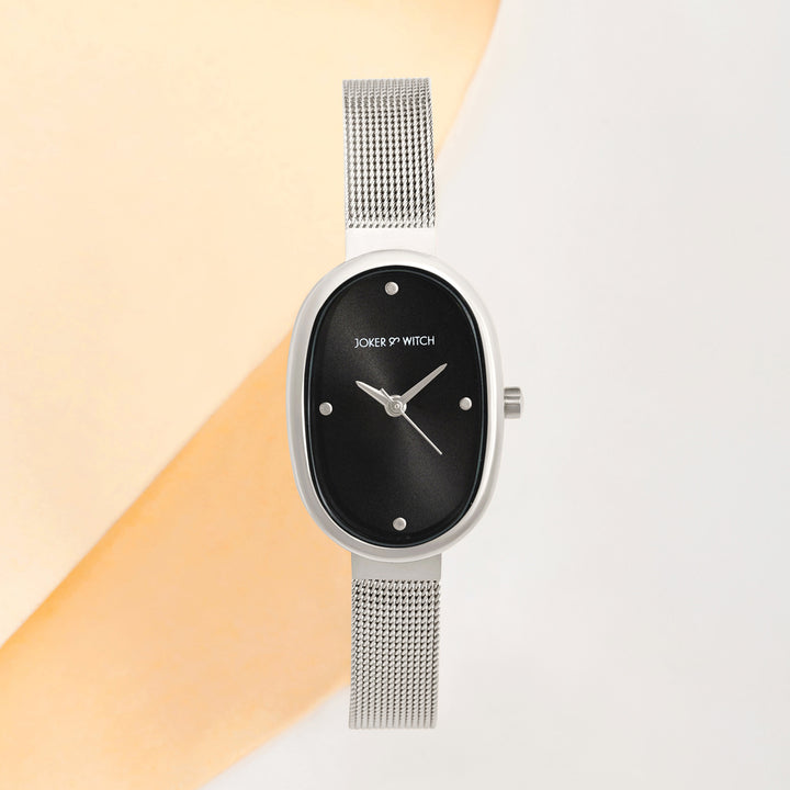 Enola Black Small Oval Dial Silver Mesh Strap Women's Watch