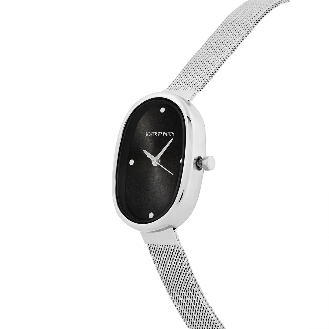 Enola Black Small Oval Dial Silver Mesh Strap Women's Watch