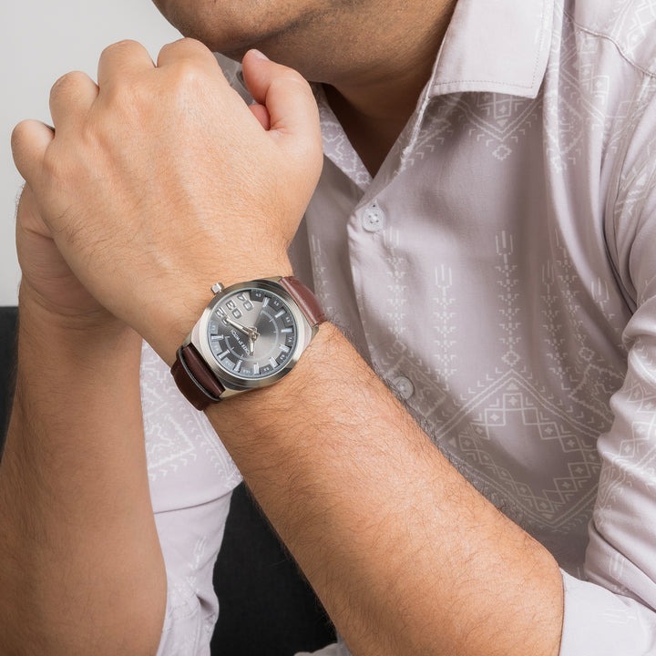 Kodiak Grey Large Dial Brown PU Strap Men's Watch