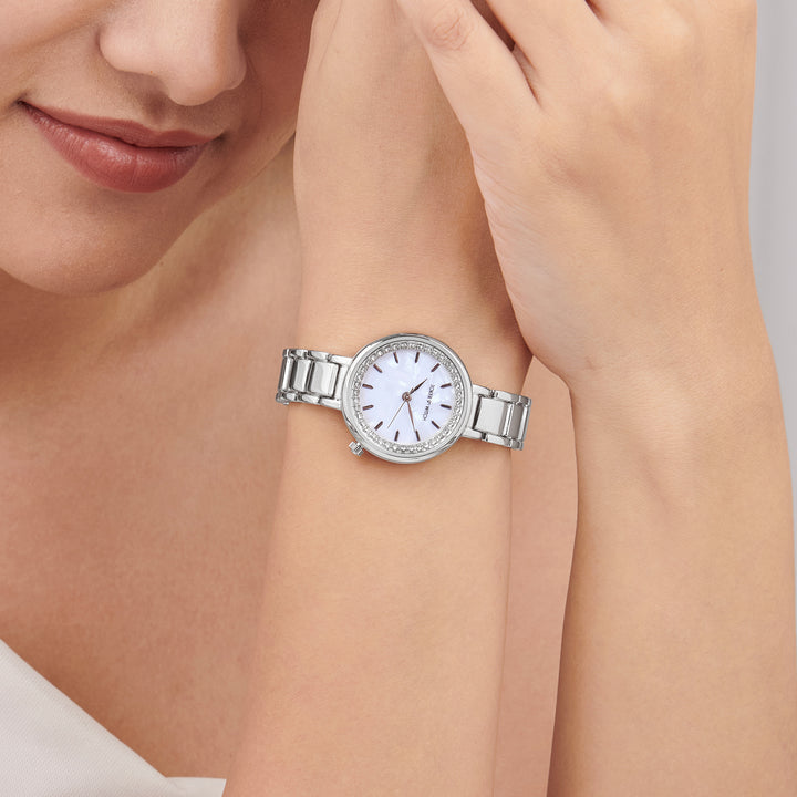 Chantal White Small Rhinestone Dial Silver Linked Chain Strap Women's Watch