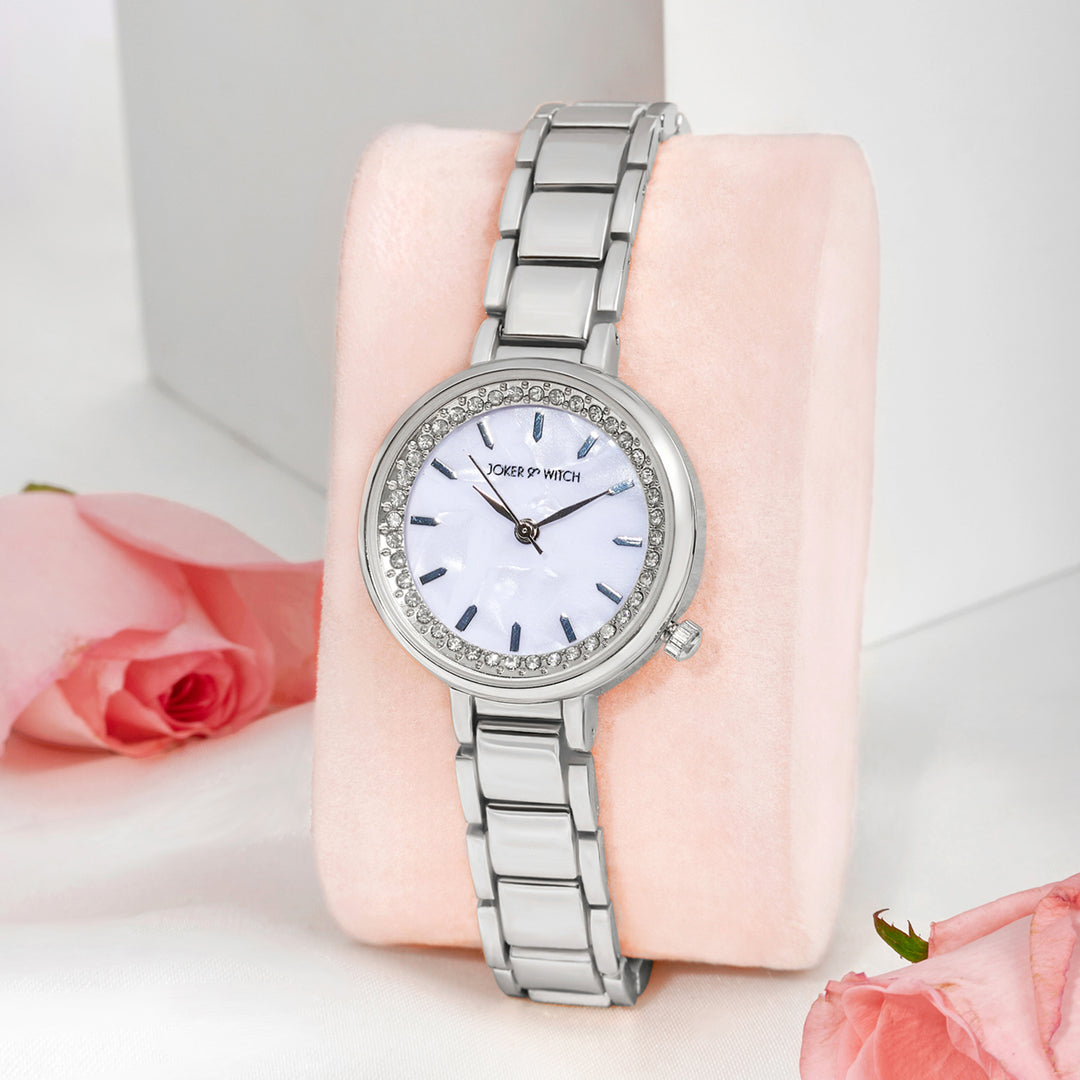 Chantal White Small Rhinestone Dial Silver Linked Chain Strap Women's Watch