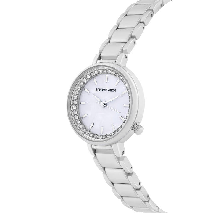Chantal White Small Rhinestone Dial Silver Linked Chain Strap Women's Watch