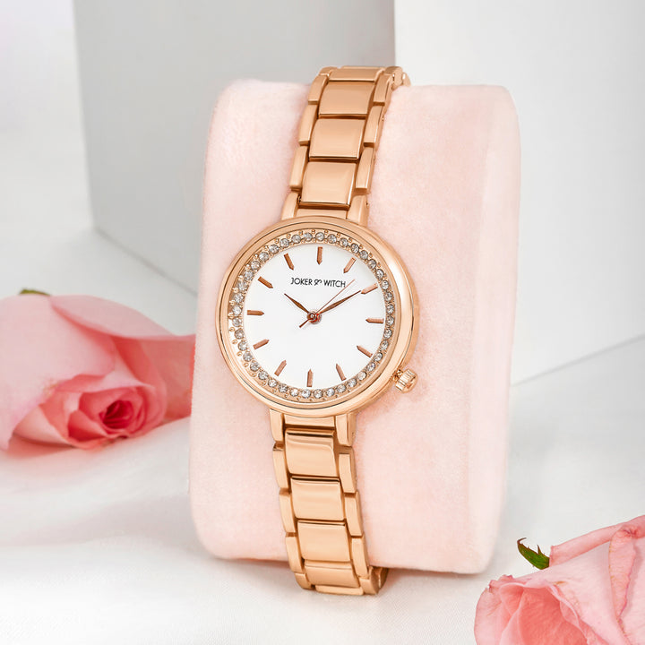 Chantal White Small Rhinestone Dial Rose Gold Linked Chain Strap Women's Watch