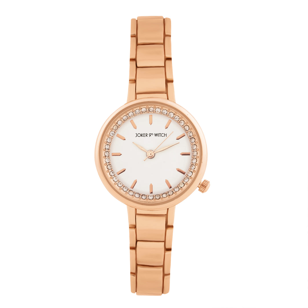 Chantal White Small Rhinestone Dial Rose Gold Linked Chain Strap Women's Watch