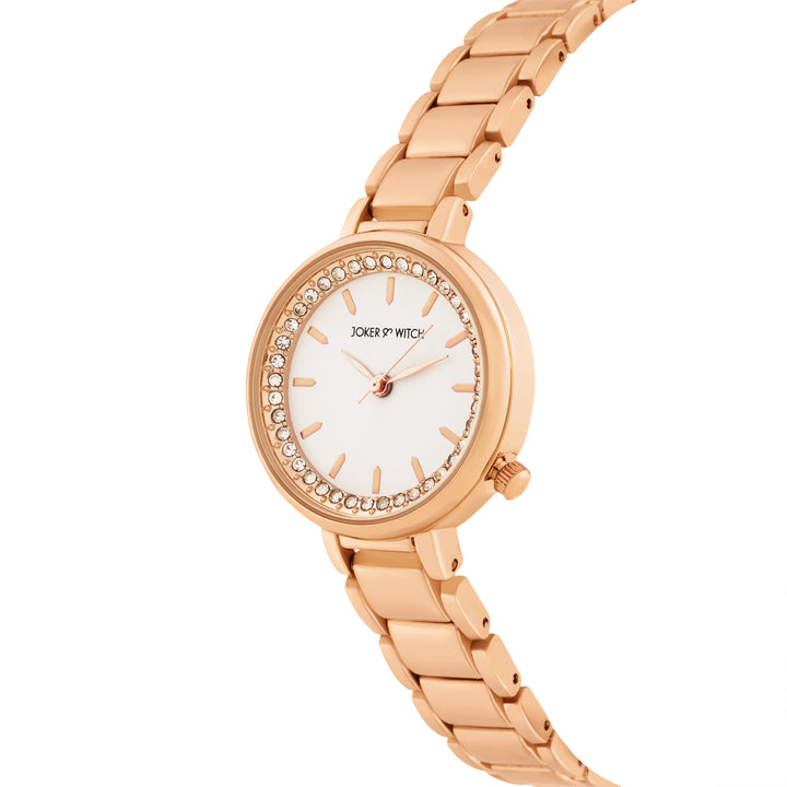 Chantal White Small Rhinestone Dial Rose Gold Linked Chain Strap Women's Watch