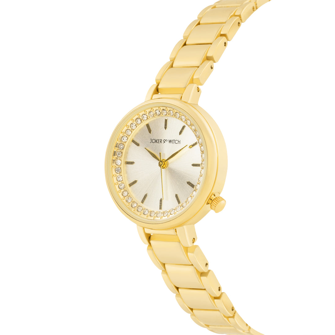 Chantal White Small Rhinestone Dial Gold Linked Chain Strap Women's Watch