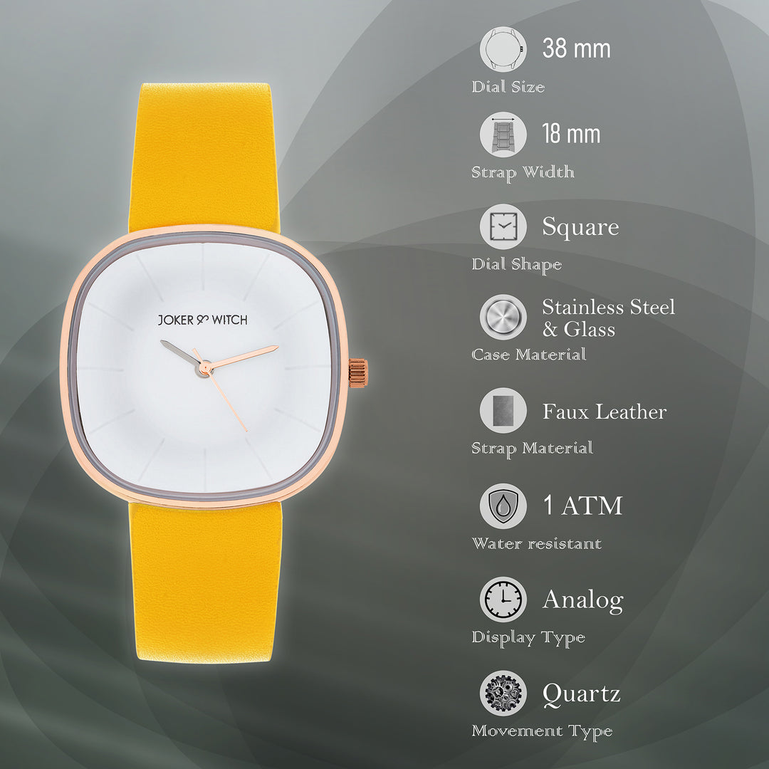 Albin White Large Square Dial Yellow PU Strap Women's Watch