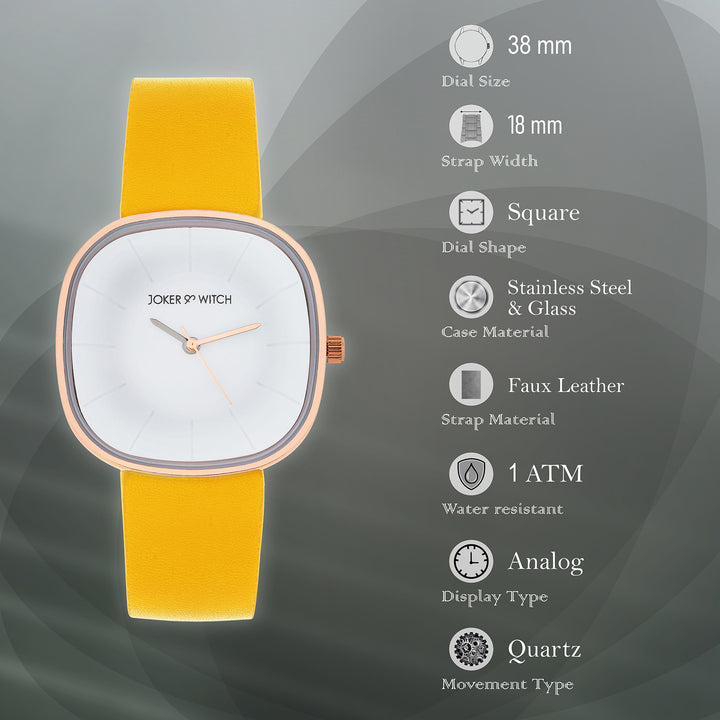 Albin White Large Square Dial Yellow PU Strap Women's Watch