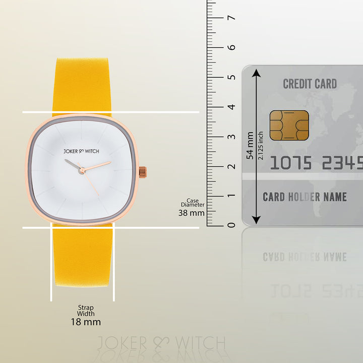Albin White Large Square Dial Yellow PU Strap Women's Watch