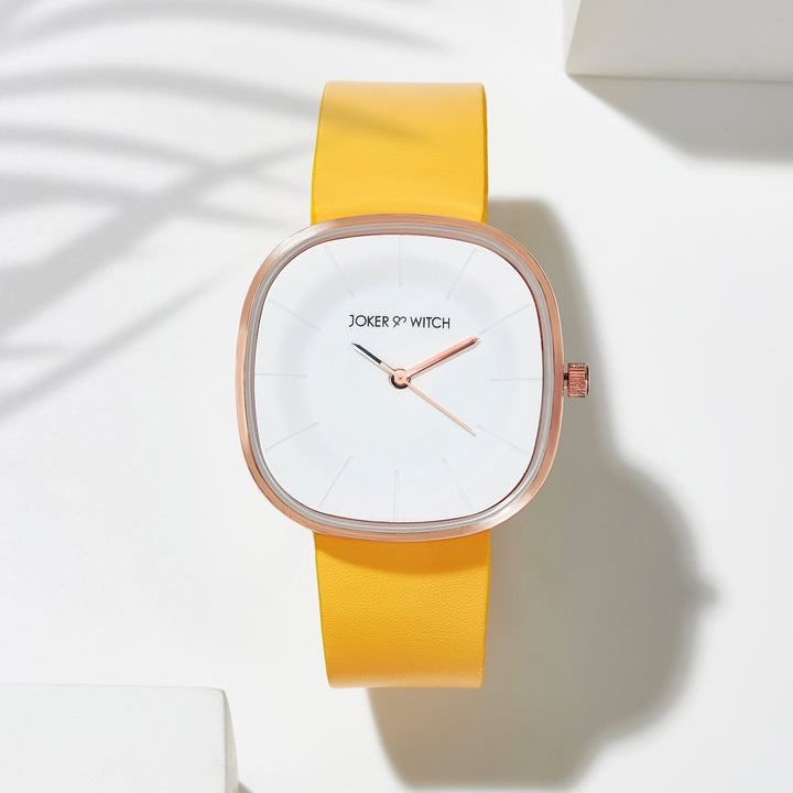 Albin White Large Square Dial Yellow PU Strap Women's Watch
