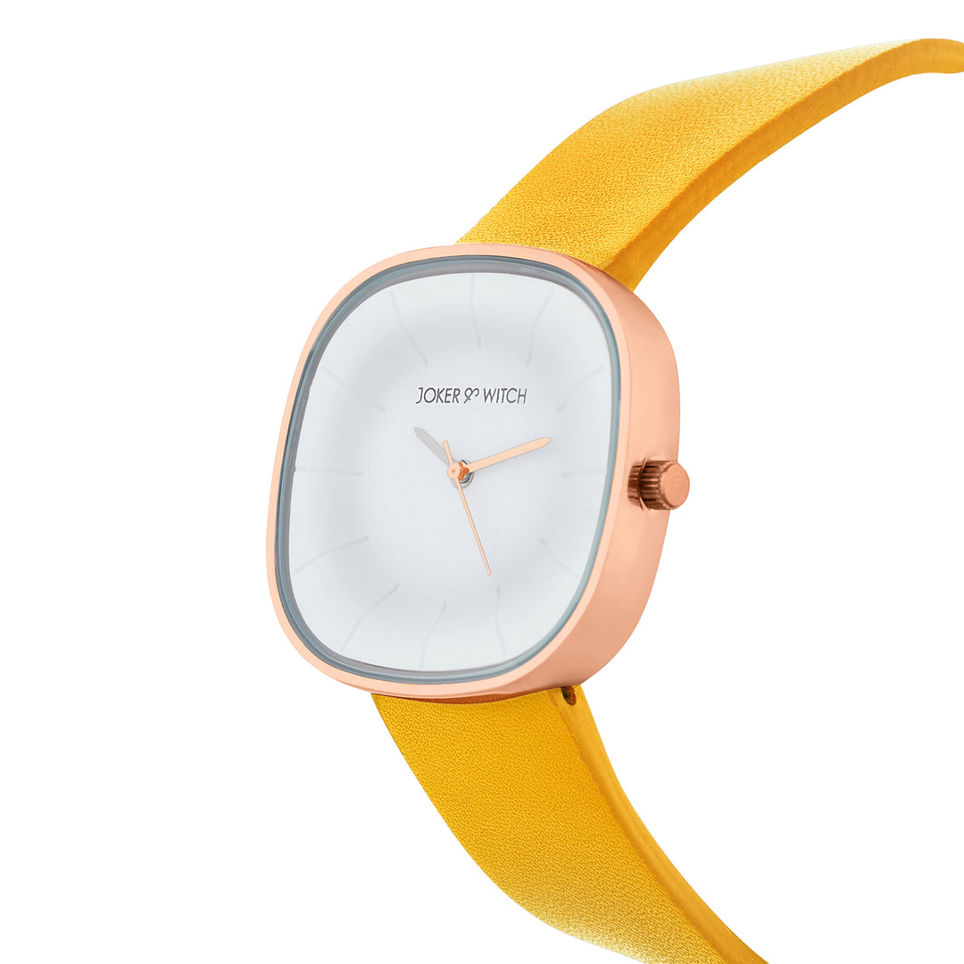 Albin White Large Square Dial Yellow PU Strap Women's Watch
