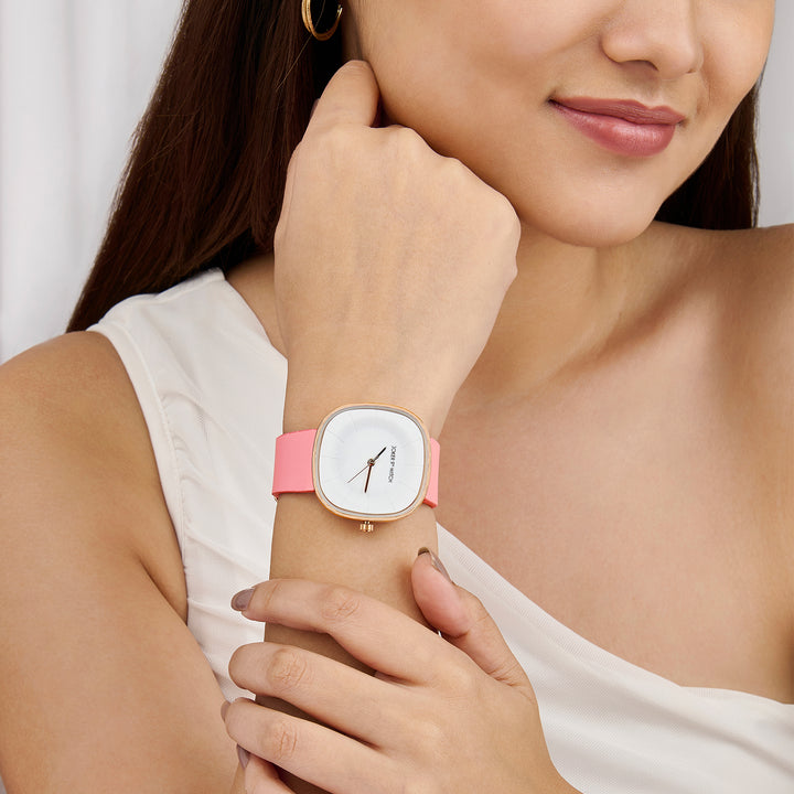 Albin White Large Square Dial Pink PU Strap Women's Watch