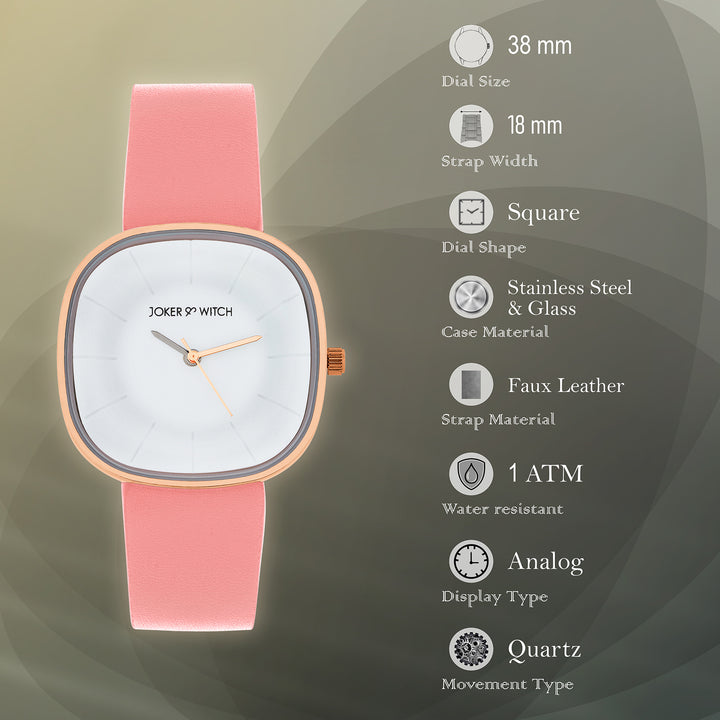 Albin White Large Square Dial Pink PU Strap Women's Watch