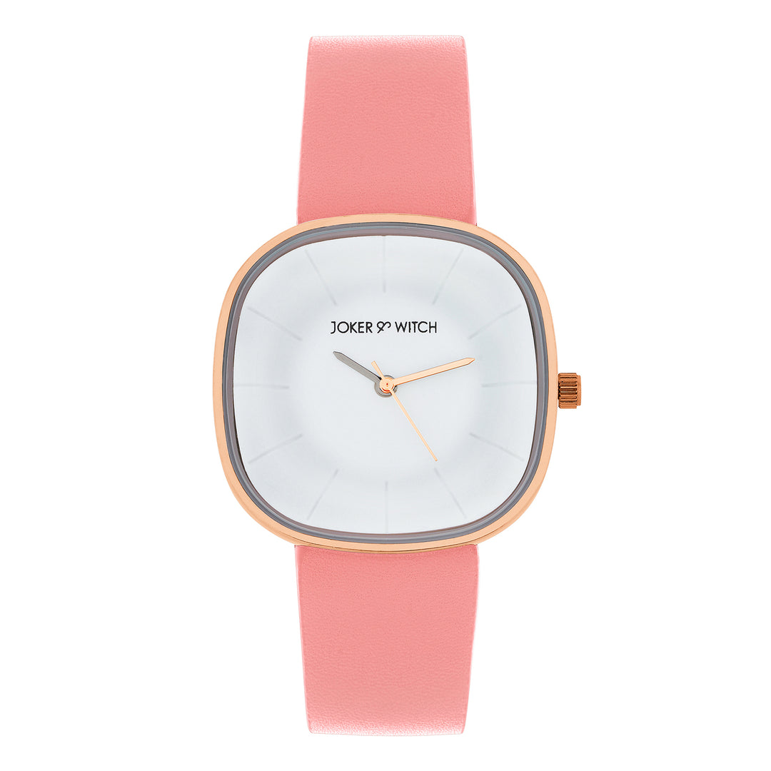 Albin White Large Square Dial Pink PU Strap Women's Watch