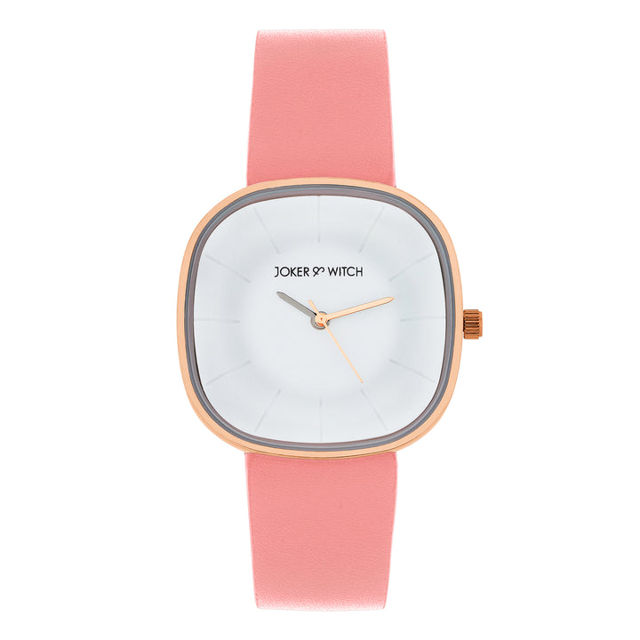 Albin White Large Square Dial Pink PU Strap Women's Watch