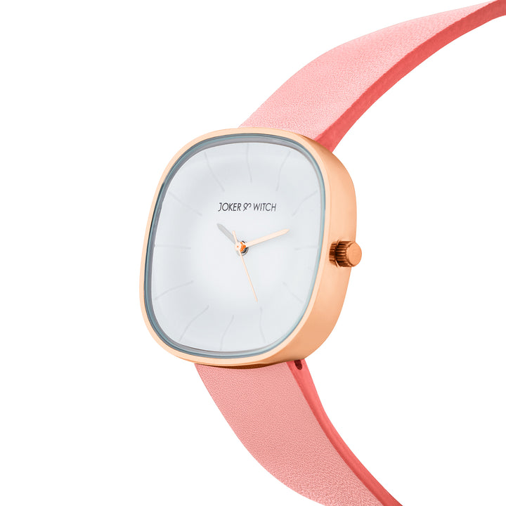 Albin White Large Square Dial Pink PU Strap Women's Watch