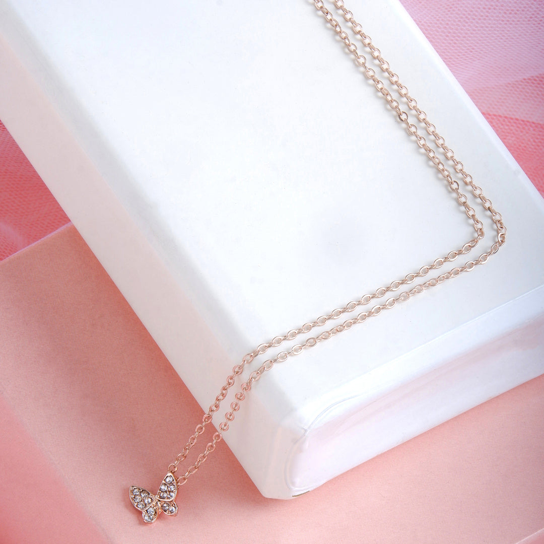 Bewitched Kirata Rosegold Rhinestone Butterfly Pendant Necklace