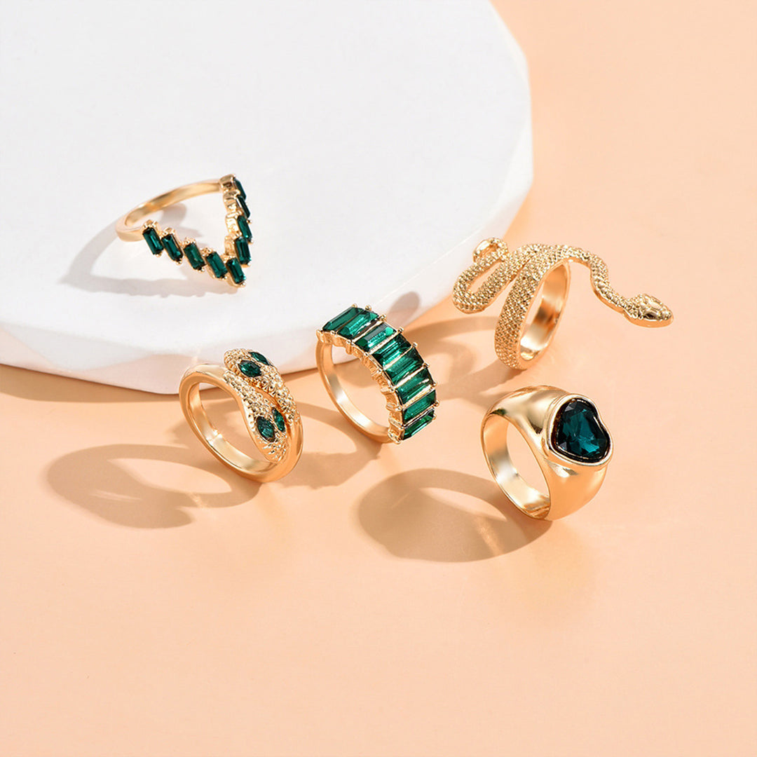 Bewitched Shezine Emerald Green And Gold Snake Ring Stack