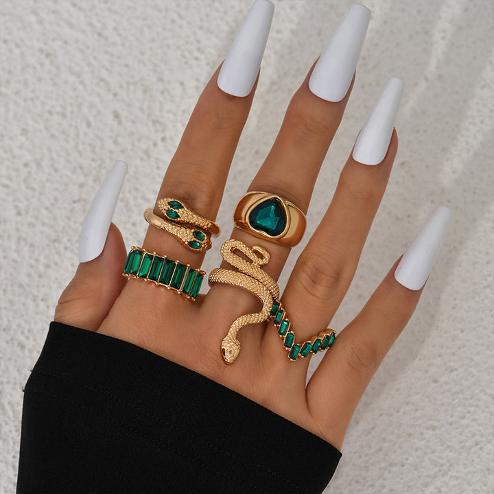Bewitched Shezine Emerald Green And Gold Snake Ring Stack