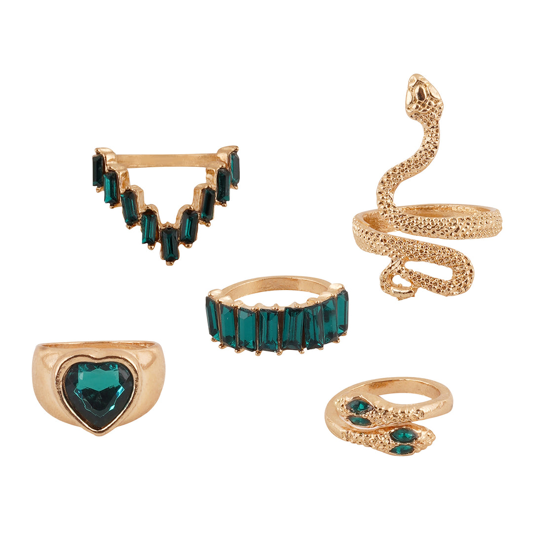 Bewitched Shezine Emerald Green And Gold Snake Ring Stack