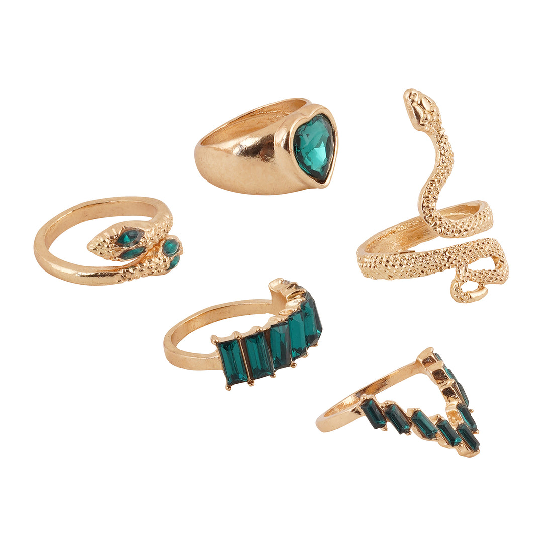 Bewitched Shezine Emerald Green And Gold Snake Ring Stack