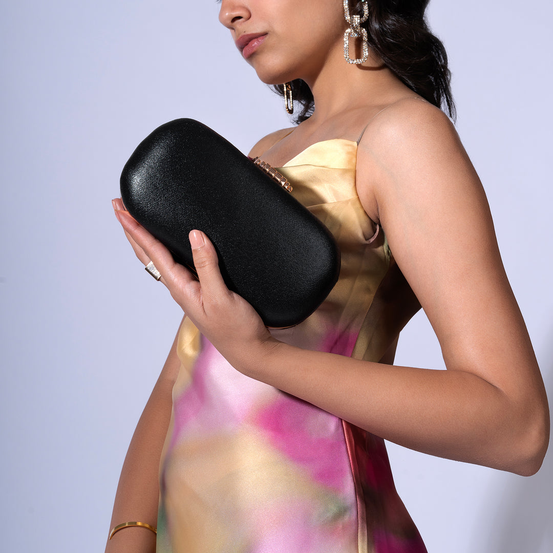 Lori Shimmery Black Metallic Clutch