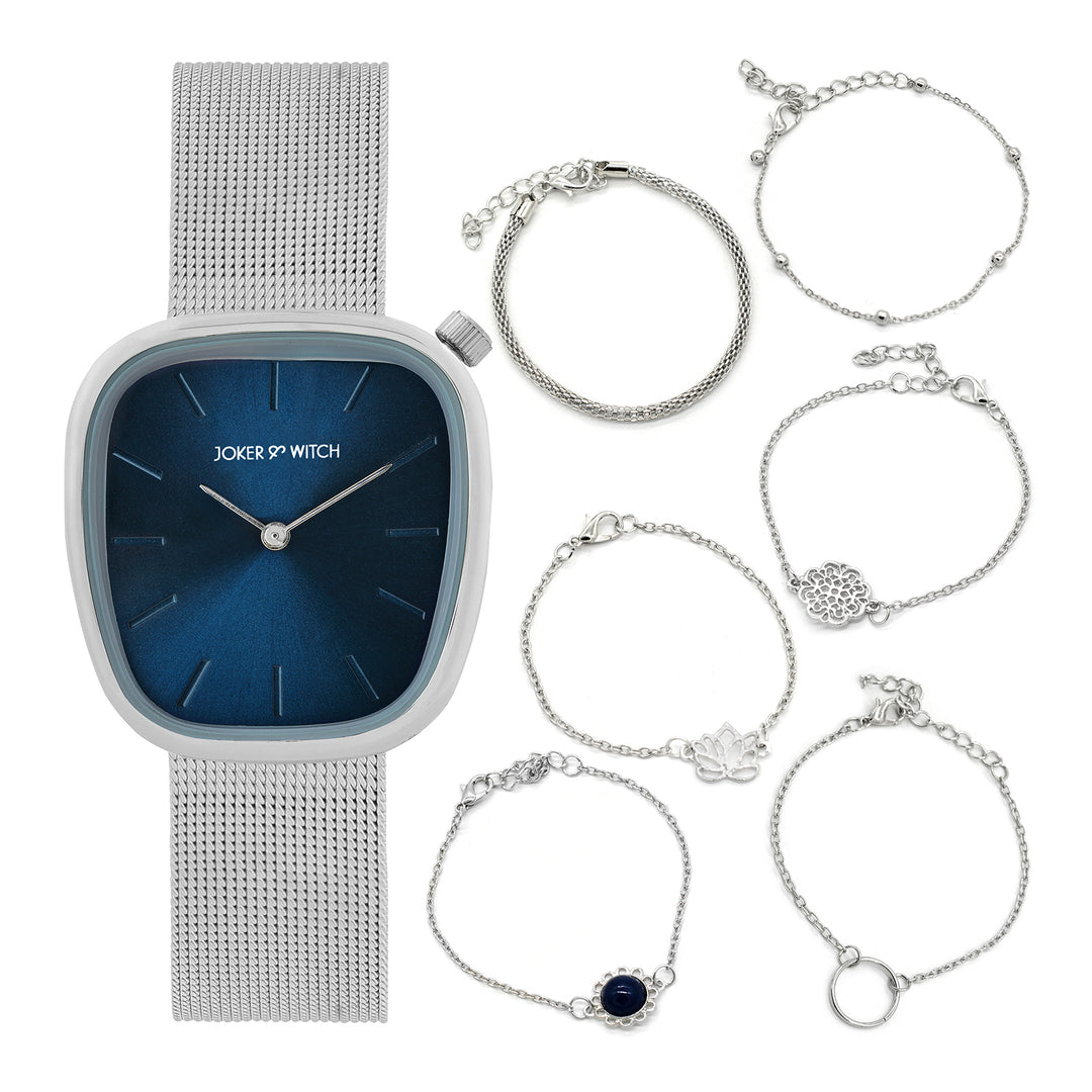 Navy Chrome Watch Bracelet Stack